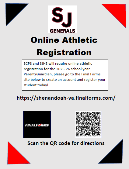 Athletic Registration is completely online in 2025-2026. Fall registration is now open. We will be using Final Forms to register all athletes. Visit the site below to register today or scan the QR Code for directions!